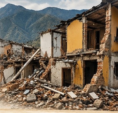 Photo of earthquake damage and rubble with mountains in the background, Colombia
