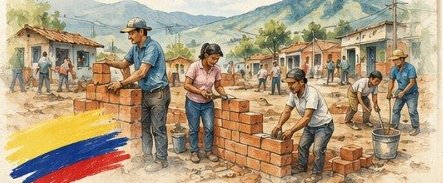 Illustration of volunteers rebuilding a house together in Colombia